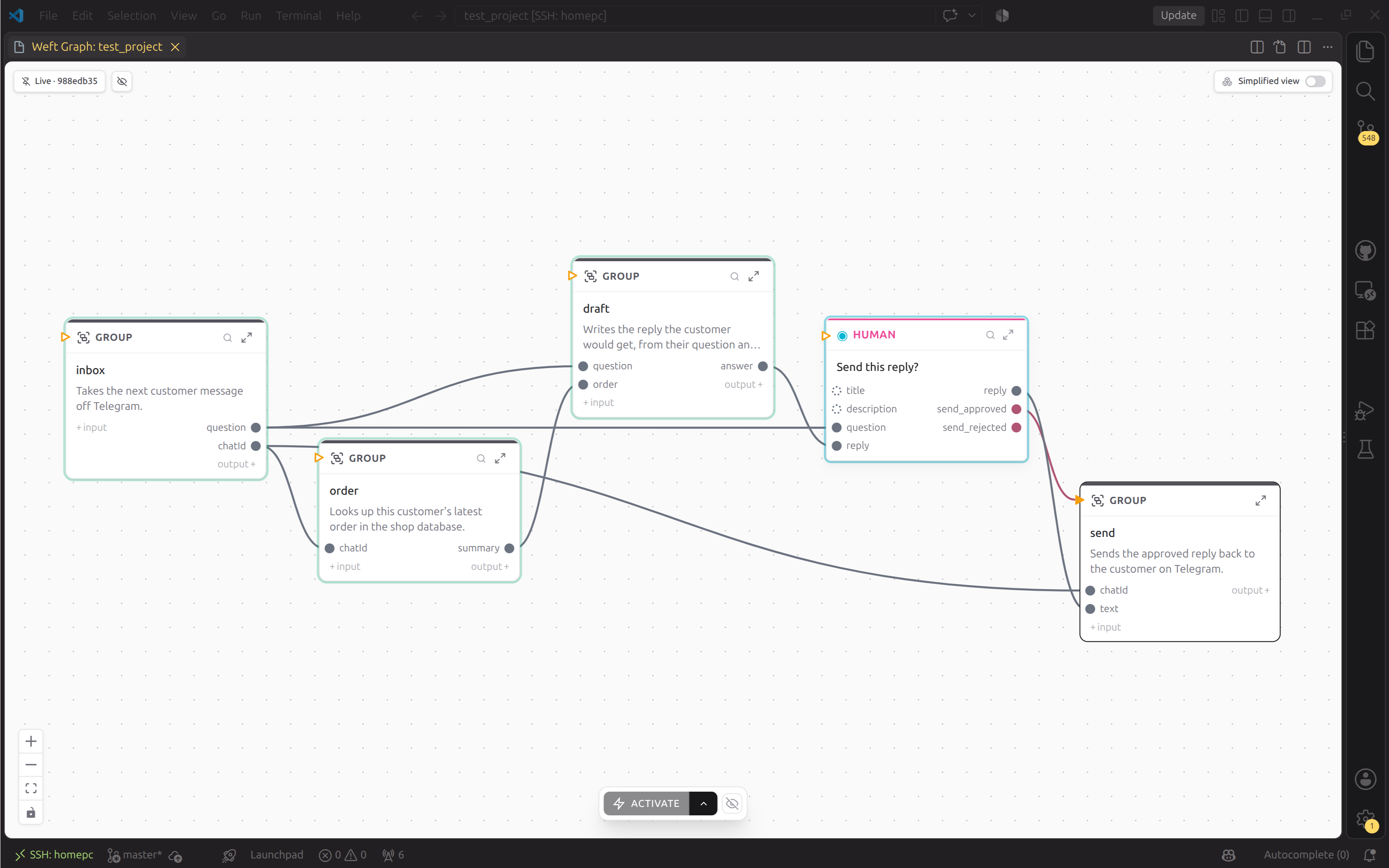 A support answer waiting for human approval, with the draft visible in the graph